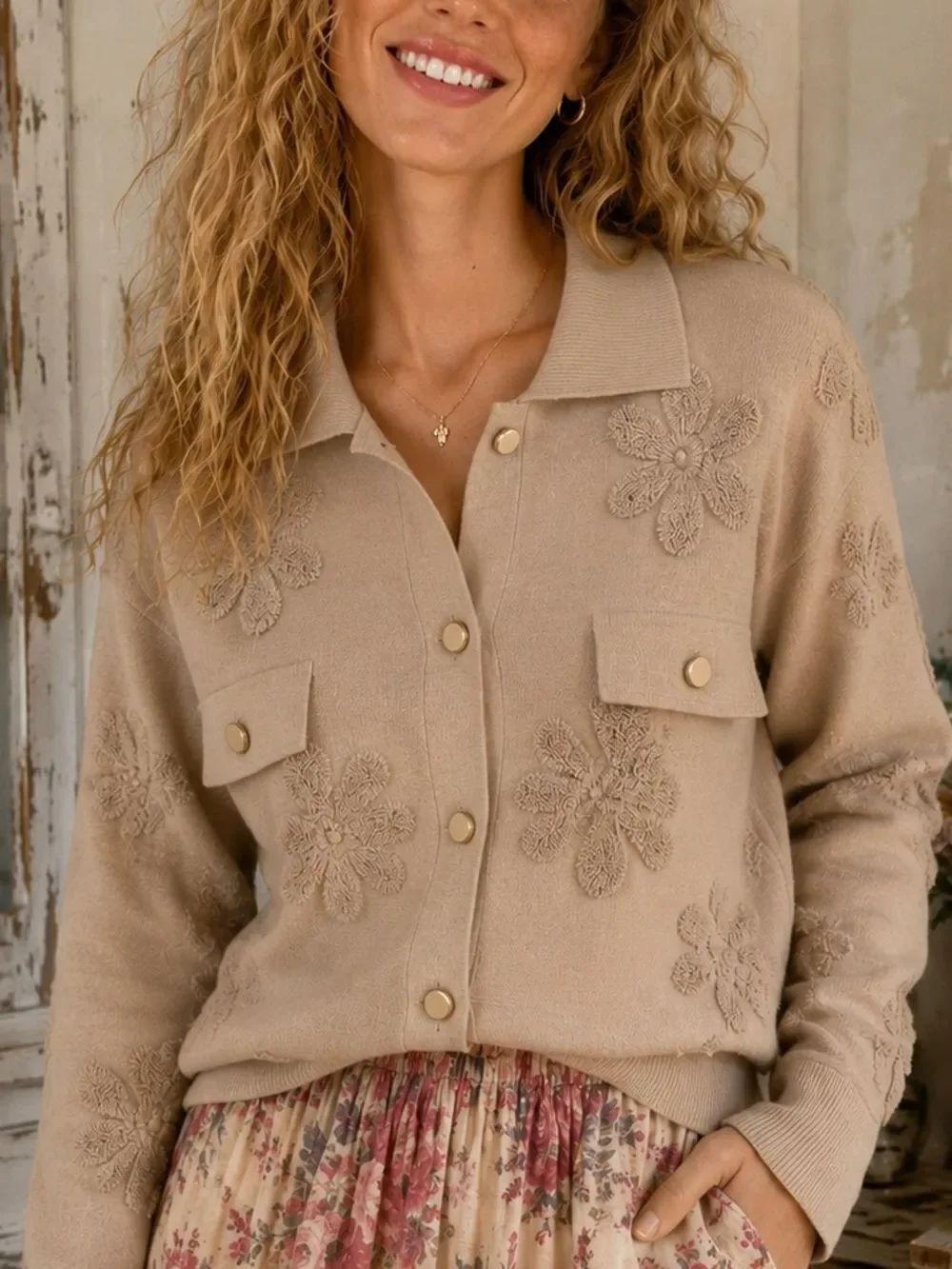 Cyrus Beige Floral Textured Sweater Jacket Button-Front Cardigan M NWT